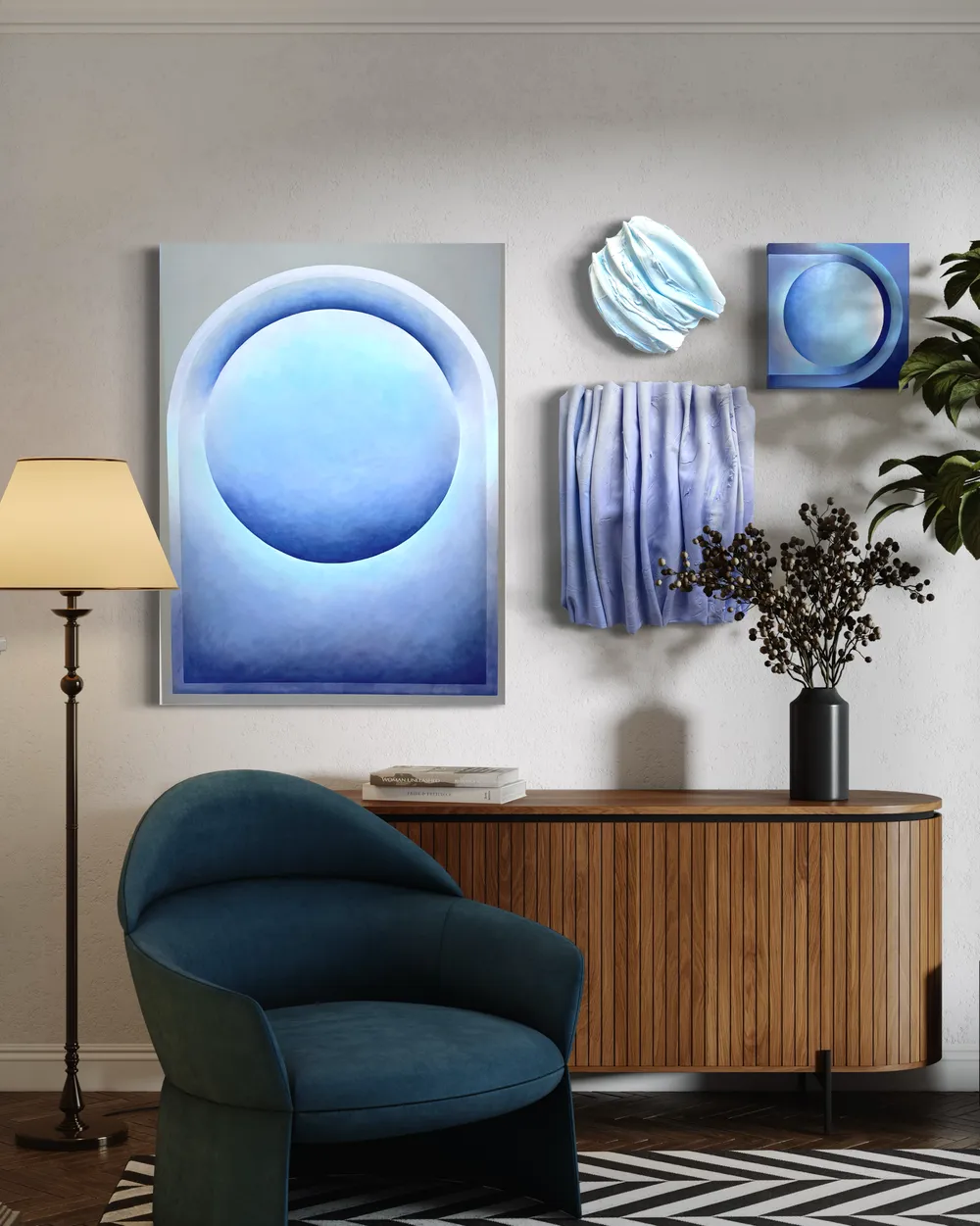 Breathe, 2024 — a luminous blue orb painting styled in a calm interior